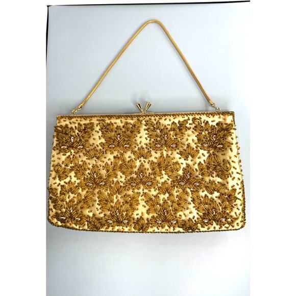 Vintage Gold Beaded Evening Bag w/Mother of Pearl Inlay - Bags By Debbie HK - Picture 1 of 8